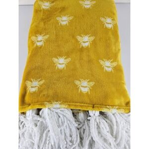 Found & Fable Honeybee Plush Throw Blanket Mustard Yellow White Tassel Fringe